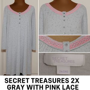 Secret Treasures 2X Granny Sleepwear Gray Pink Lace Trim Cottagecore Grandmacore